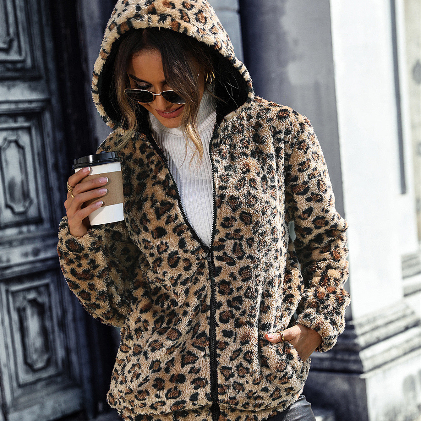 Women's Hooded Leopard Print Zipper Sweater