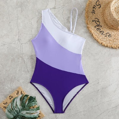 purple One-piece Color Contrast Patchwork Swimsuit