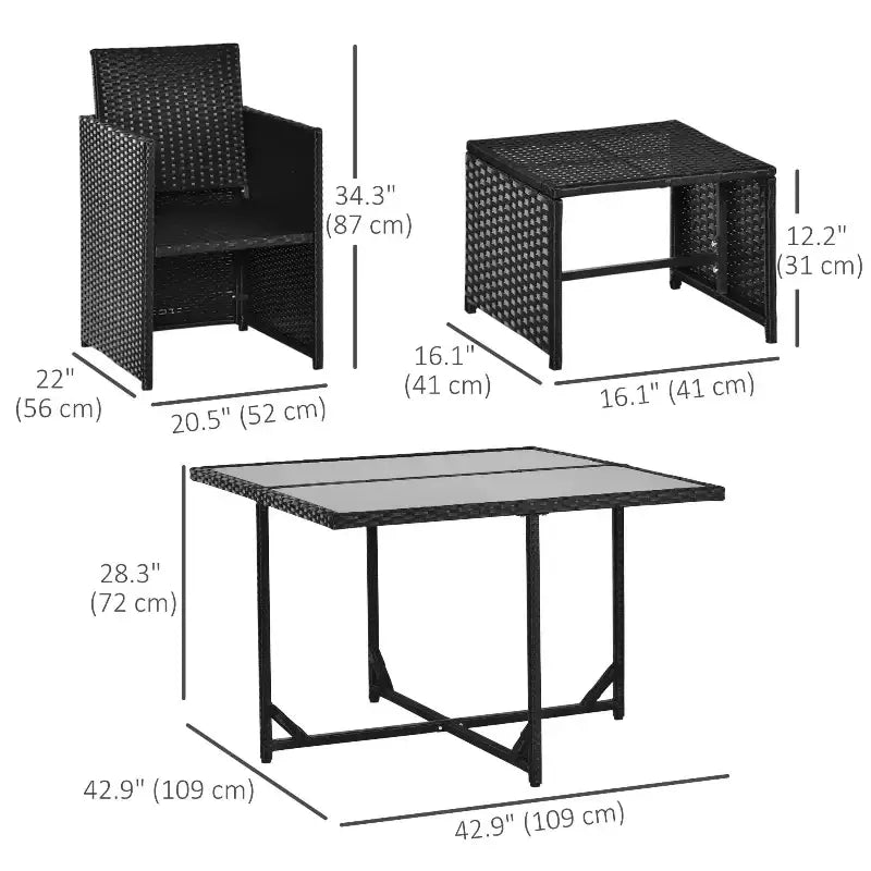 Outdoor wicker patio dining set with dimensions for the 9-Piece Wicker Patio Dining Set
