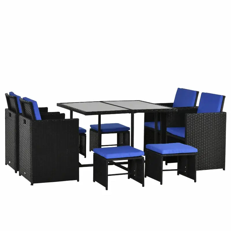 Black wicker patio dining set with blue cushions from the 9-Piece Wicker Patio Dining collection