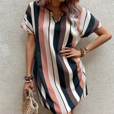 New Short Sleeve V-neck Striped Shirt Dress