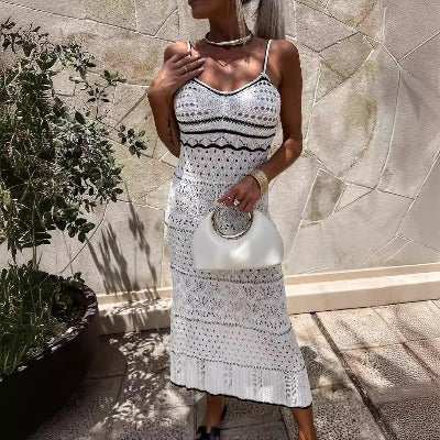 white V-neck Knitted Cutout Sling Dress