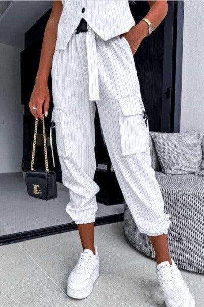 White Striped Sleeveless  Leisure Cropped Pants Set