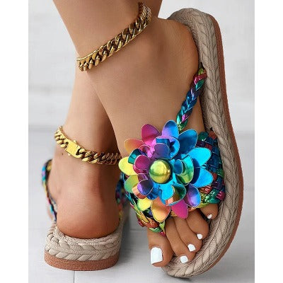 flower metallic flip flops