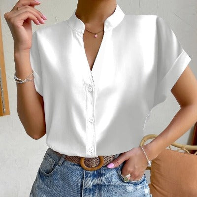 white Simple Solid Color And V-neck Button UP Blouse