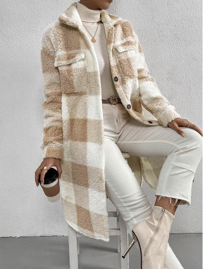 Open Button Lapel Plush Plaid Coat