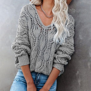 Knit Sweater - Hollow V-neck for Comfort and Style