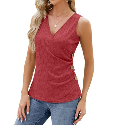 Red Button Design Solid Color Tank Top