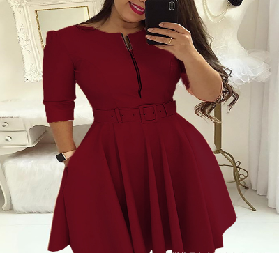 Zipper Mid-Length-Sleeved Dress - Stylish Fall Fashion