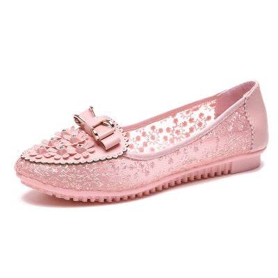 pink flower mesh flat shoes