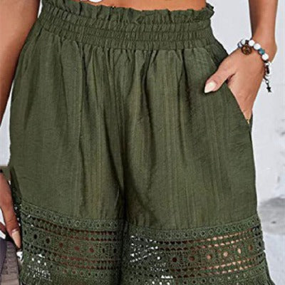 green Ladies Casual Loose Solid Color Patchwork Elastic Waist Shorts