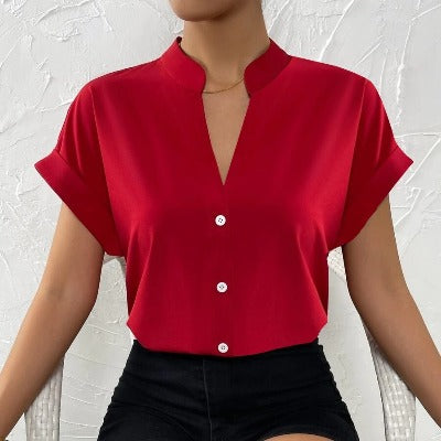 wine red Simple Solid Color And V-neck Button UP Blouse