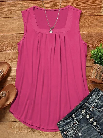 pink Casual Pleated Square Collar Tank Top