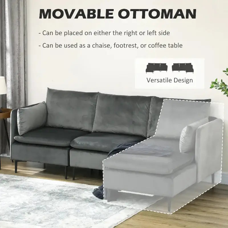 Modern Grey L-Shaped Couch with Ottoman featuring adjustable cushions and spacious design