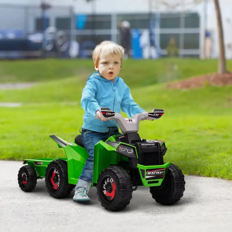 Child’s green ATV with trailer for 6V Electric Toy Car, perfect electric toy for kids