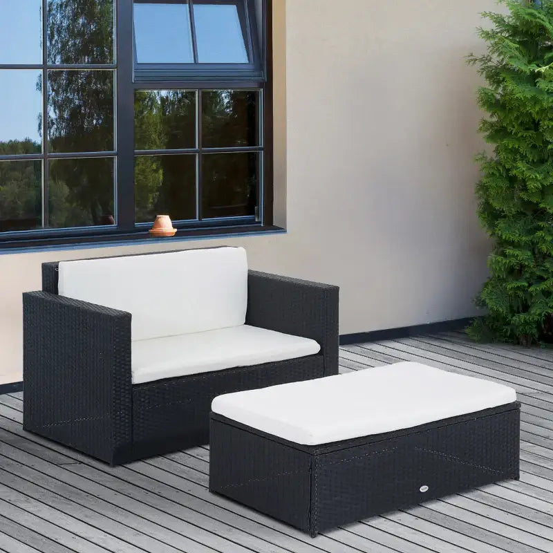 Black wicker patio set with white cushions, 2 Piece Wicker Couch and Ottoman Set