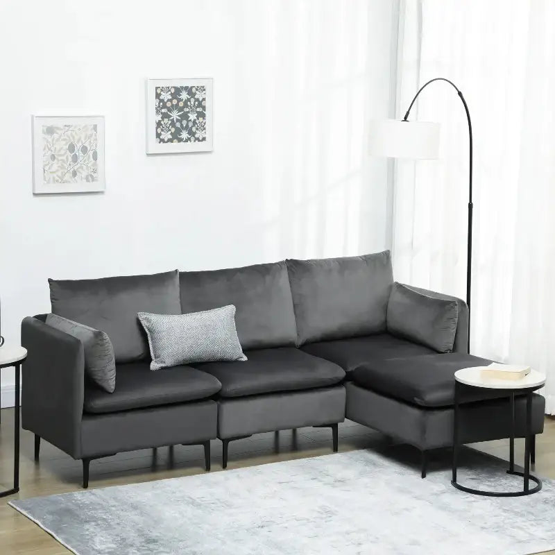 Gray sectional sofa with large cushions in Modern Grey L-Shaped Couch with Ottoman CANADA