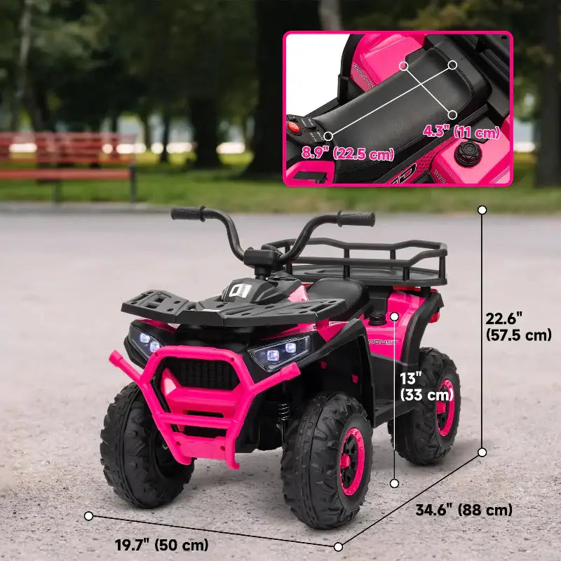 Pink and black Kids ATV toy with dimensions for kids outdoor play