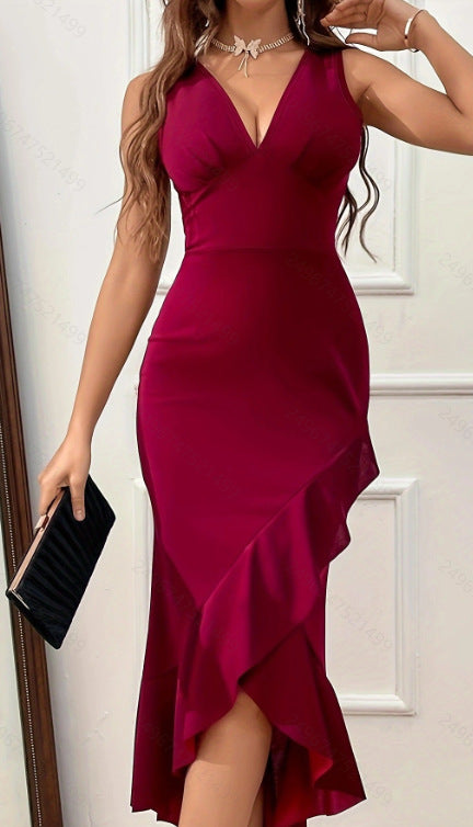 red wine elegant ruffle v neck midi dress