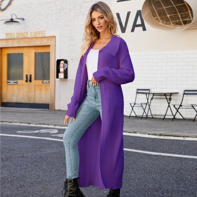 Loose Casual Polo Collar Long Sweater Cardigan for Women