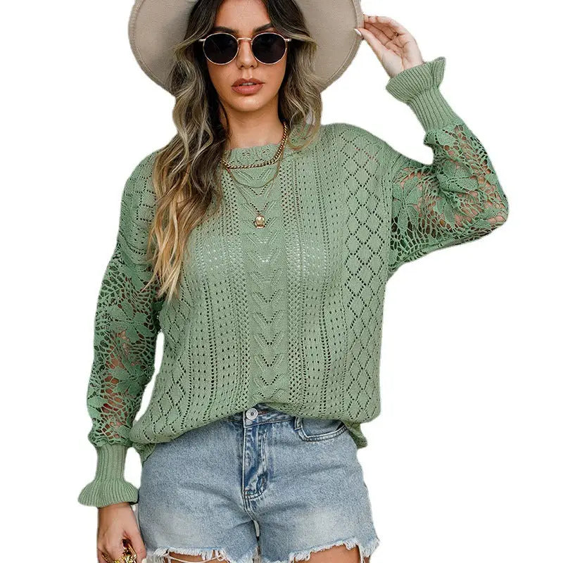 Lace Trimmed  Flared Sleeve Sweater