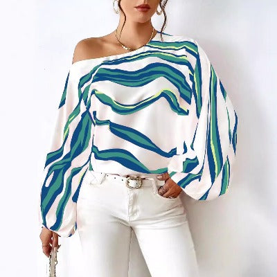 Off-neck Printed Loose-fitting Women's Blouse - Stylish & Trendy