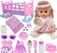Doll with accessories including a bed, clothes, and toys on a white background