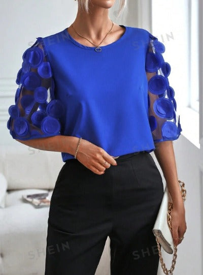 blue Hollow-out Short-sleeved Shirt Casual Blouse