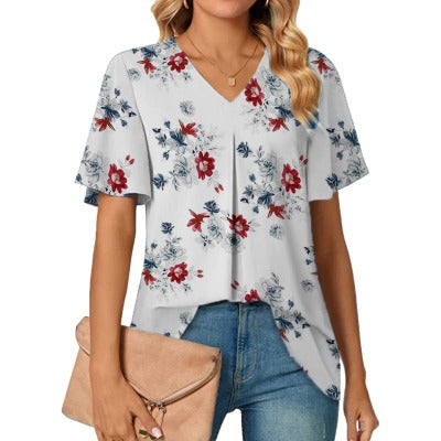 Women's V-neck Flower Print Short Sleeve Top-Blouse