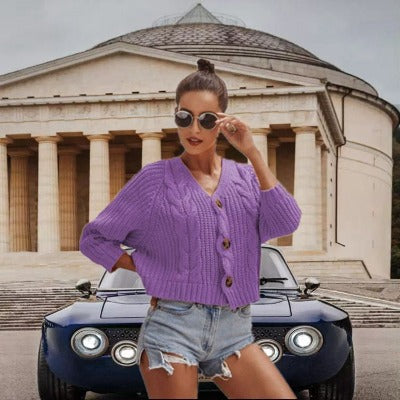 Button Solid Color Short Loose Sweaters Cardigan for Comfort