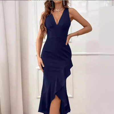 navy blue Ruffled V-Neck Sheath Midi Dress