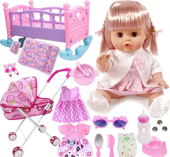 Toy doll with accessories including a bed, stroller, and various items on a white background.