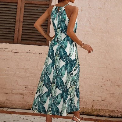 Green leaf print halter boho long dress