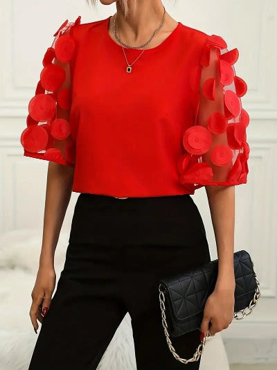 red Hollow-out Short-sleeved Shirt Casual Blouse