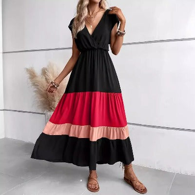 black and pink Color Block Pleated V-neck Casual Polo Collar Dress