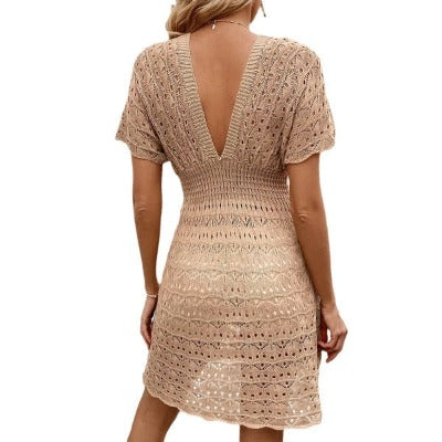 beige Wave Pattern Hollow Out Swimsuit Coverup