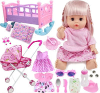 Collection of toys including a doll, crib, stroller, and various accessories on a white background.