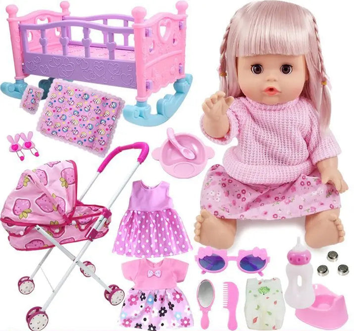 Collection of toys including a doll, crib, stroller, and various accessories on a white background.