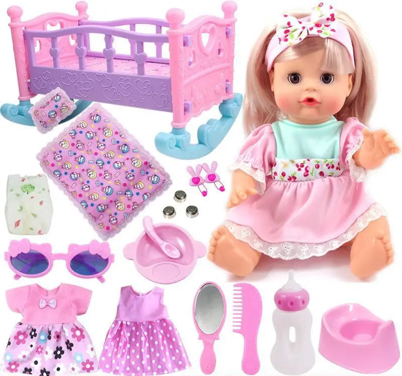Toy doll with accessories including a crib, clothes, and toys on a white background