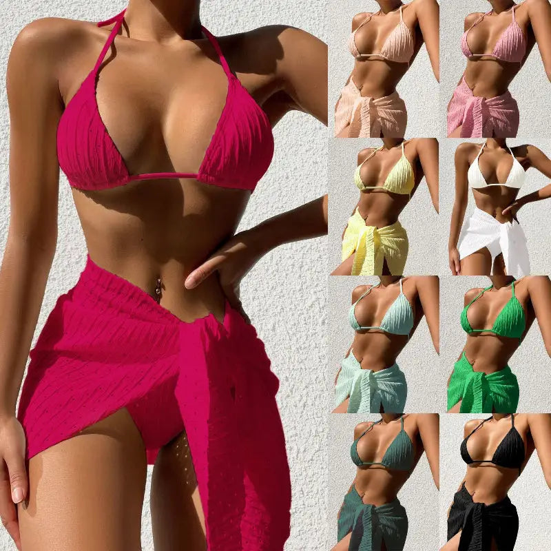 Backless Solid Color Mesh Skirt Bikini Three-Piece Set - sleek-selections