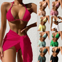 Backless Solid Color Mesh Skirt Bikini Three-Piece Set - sleek-selections