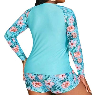 blue flower long sleeve swimsuit with shorts