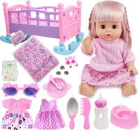 Set of toys including a doll, furniture, and accessories on a white background