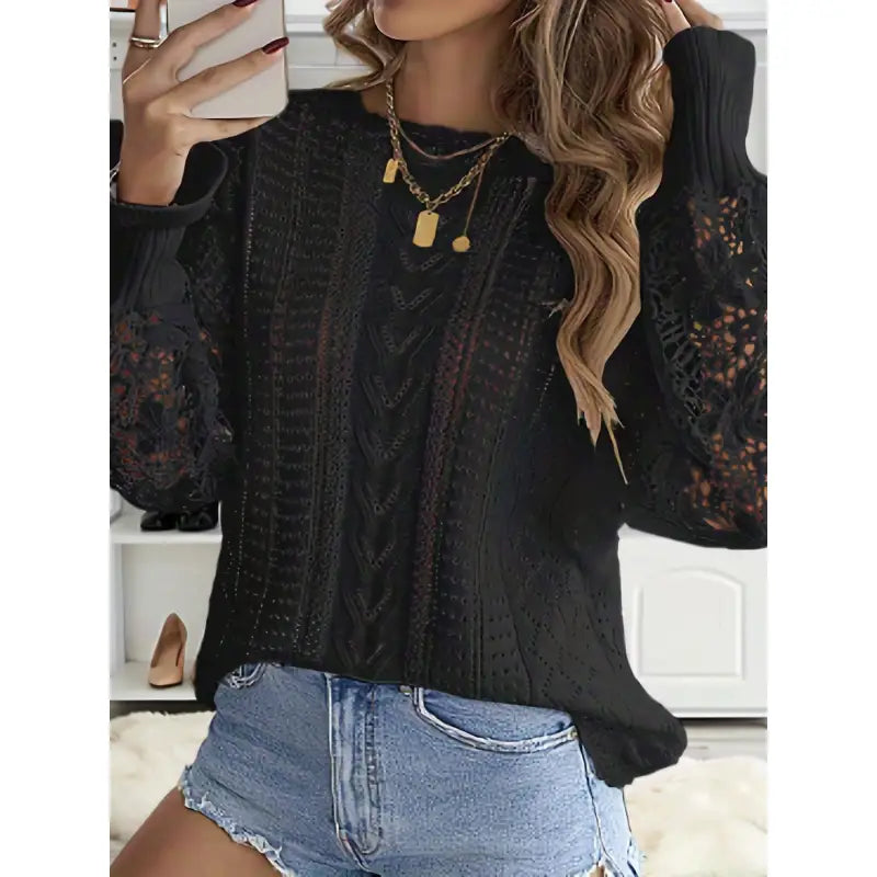 Lace Trimmed  Flared Sleeve Sweater