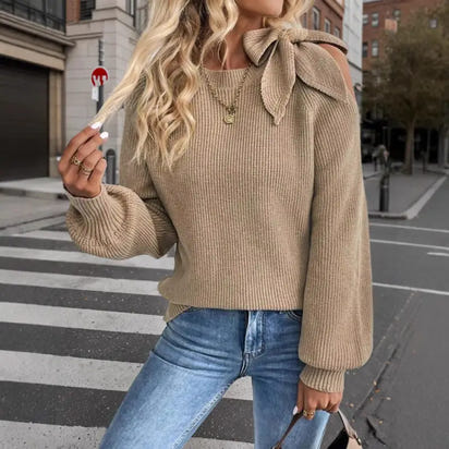 Off-The-Shoulder Bow Lantern Sleeve Sweater