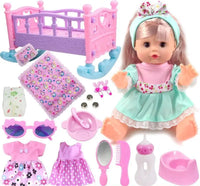 Doll with accessories including a crib, clothes, and toys on a white background