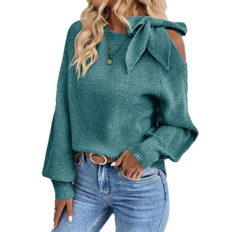 Off-The-Shoulder Bow Lantern Sleeve Sweater