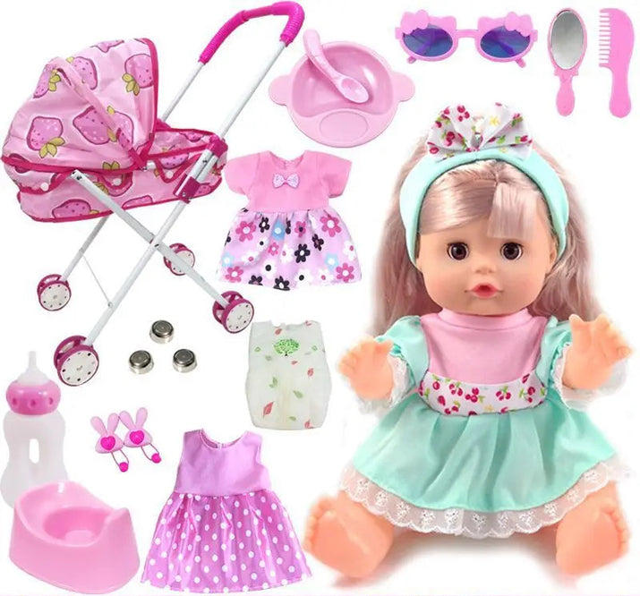 Toy doll with accessories including a stroller, clothes, and toys on a white background.