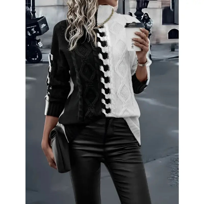 Black and White Turtleneck Knitted Sweater