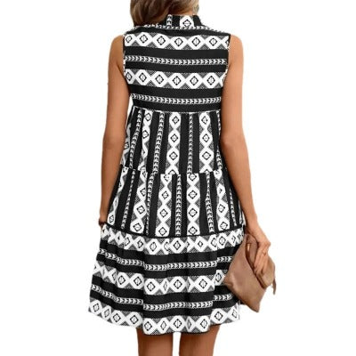 black-white Geometric Print Striped Sleeveless V-neck A- Line Dress